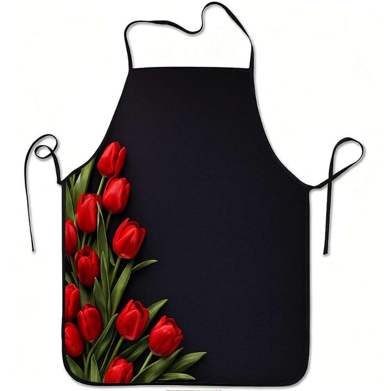 1pc, Red Tulip Pattern Apron, Durable and Easy To Maintain, with Adjustable Waistline, Suitable for Cooking, Gardening, Fruit Pi