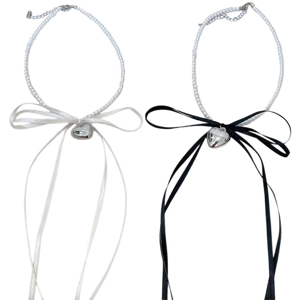 Fashionable Bowknot Heart Necklace Adjustable Length Clavicle Chain Imitation Pearls Beaded Choker for Everyday Wear