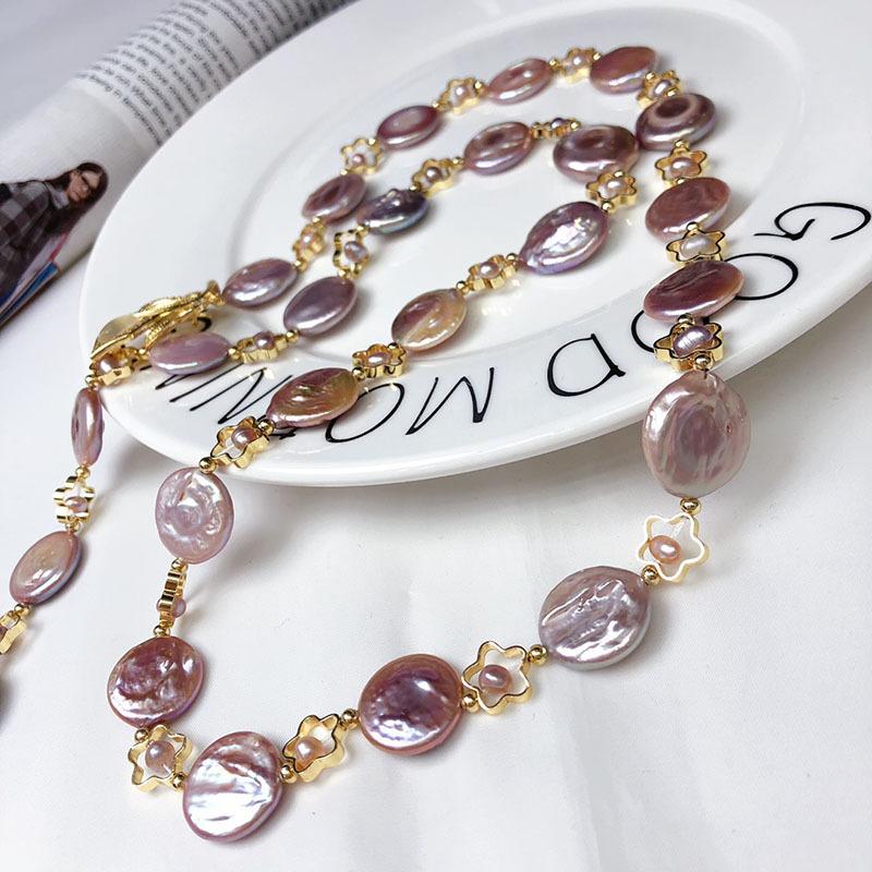 14-15mm Irregular Light Purple Baroque Pearl Necklace 71-80cm Sweater
