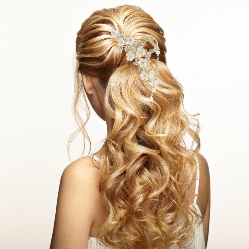 Elegant Bun Hair Claw Clip With Sparkling Pearls And Flower Detailing For Weddings Parties Or Everyday Use Hair Styling