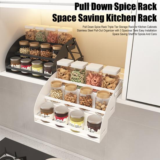 Pull Down Spice Rack 3-Tier Pull Out Spice Organizer Inside Cabinets Space Saving bianco