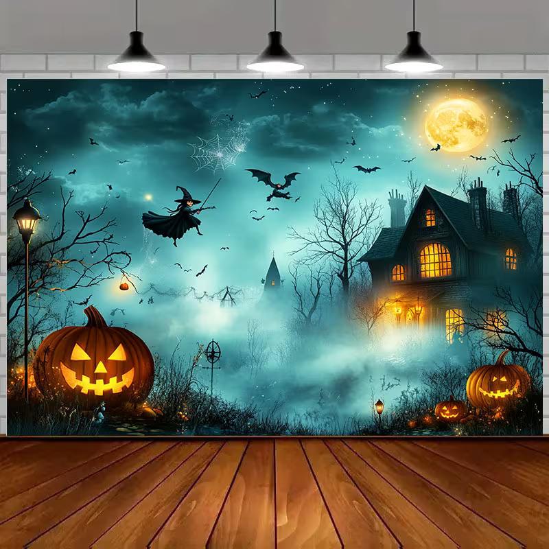 2D Halloween Thema Achtergrond, Heks, Pompoenen en Spookhuis voor Kostuum Fotoshoot