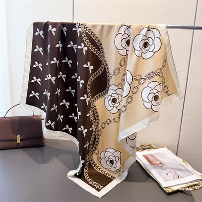 New Rose Printed Imitation Silk Chain 90 Scarf High-end Temperament Shawl Versatile Neck Little Fragrance Flowers Scarf