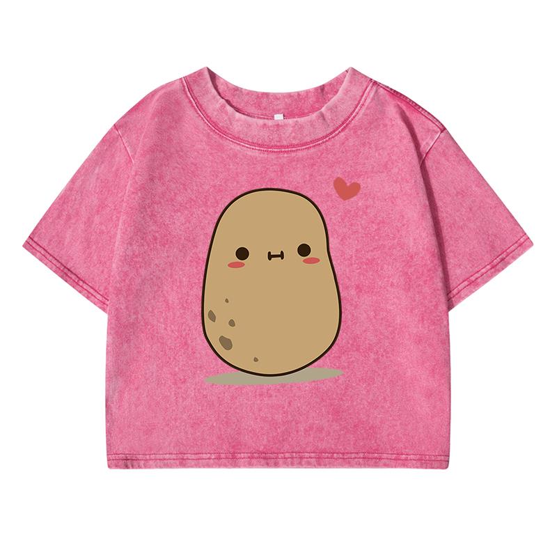 Cute Little Potatoes Printing Female Washed Short T Shirt Summer Casual Tshirt Street Clothes Fashion Loose Distress Tee