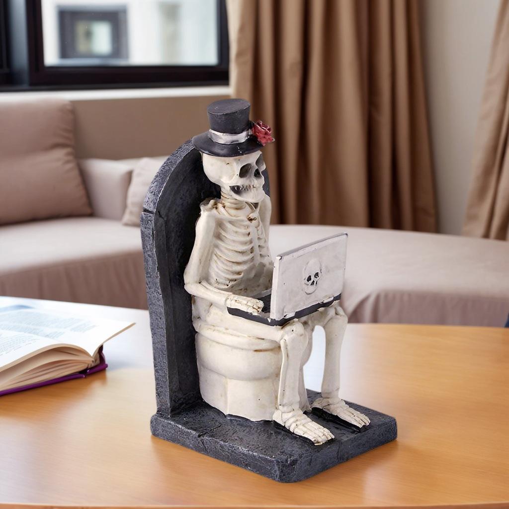 Halloween Scary Skeleton Watching Computer Statue Decor Ghost Festival Ornament