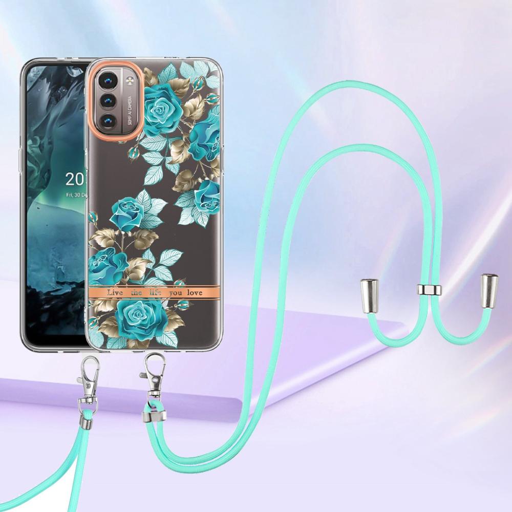 

YB IMD-11 Series for Nokia G21 4G/G11 4G Soft TPU IML Electroplating Flower Pattern IMD Phone Case Cover with Lanyard HC002 Blue Rose