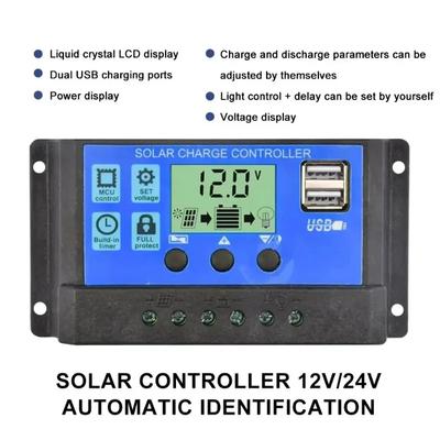 Solar Charge Controller 12V24V 30A/20A/10A Auto LCD Dual USB 5V Output Photovoltaic Solar Panel  Discharger Regulator PV Load