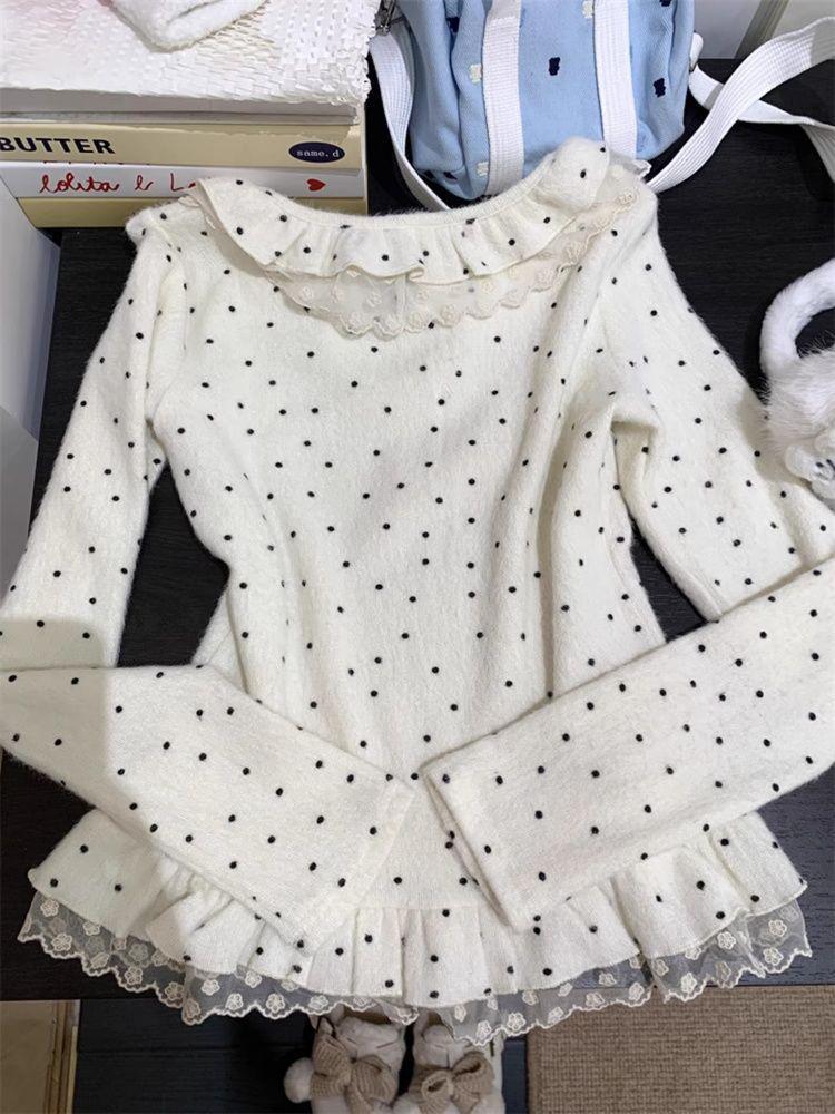 Korean Sweet & Spicy Polka Dot Lace Trim Long Sleeve Women's Winter T-shirt