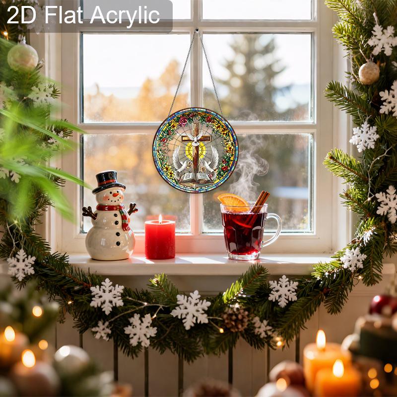 Acrylic Christian Cross with Doves and Bible Suncatcher, Stained Glass Effect Window Hanging Ornament for Religious Faith Gifts