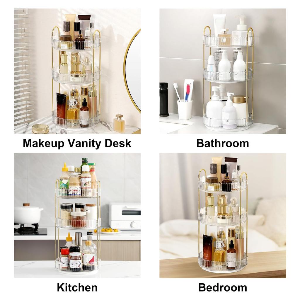XMWGA Rotating Cosmetic Storage 360 Degree Gold Metal Clear Multifunctional Storage for 3 Box, Rotation, 3-Tier, & Acrylic, Organizer,