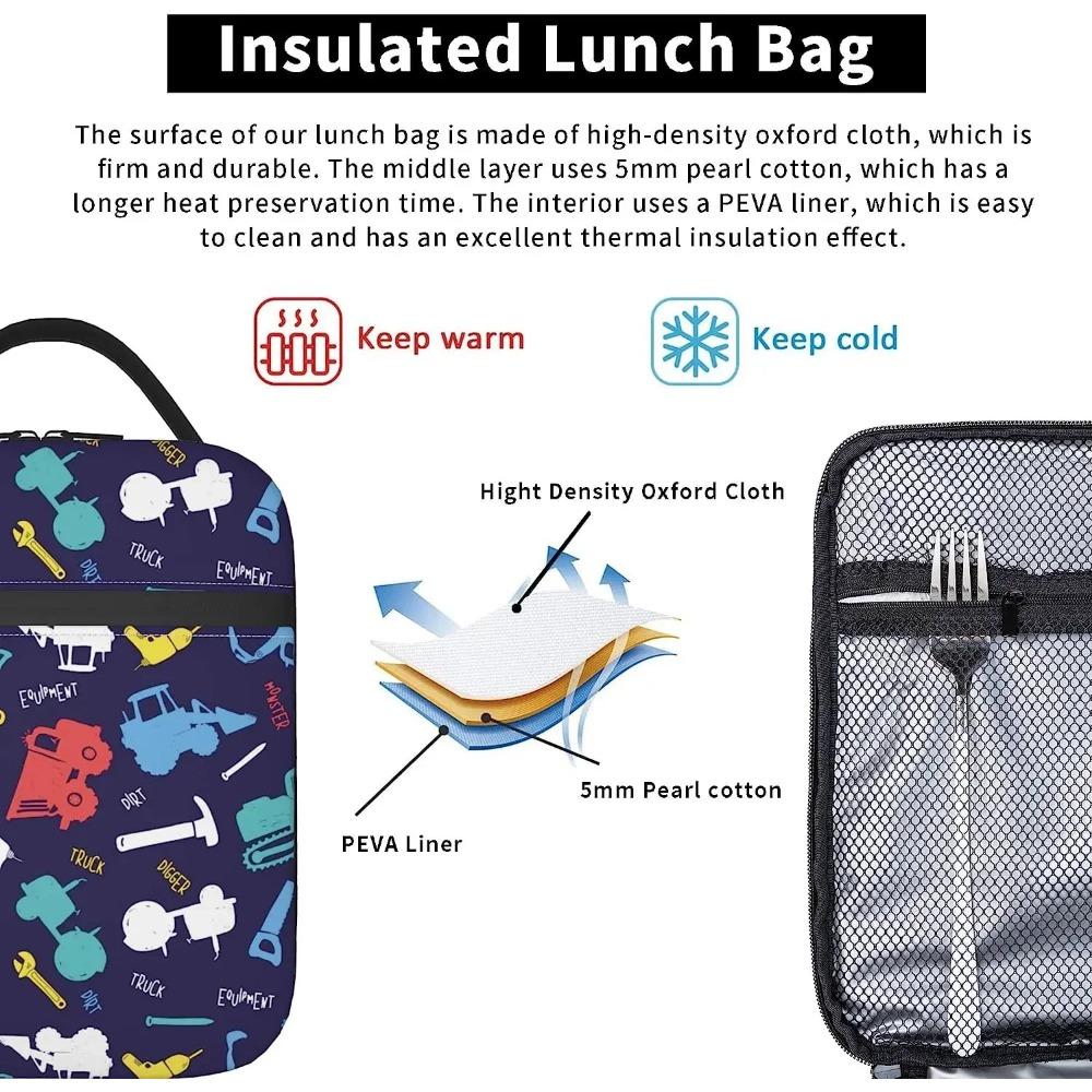 Cartoon Excavator Truck Pattern Lunch Box Boys Kids Men Insulated Bento Bag Reusable Portable Thermal Organizer for Picnic Beach