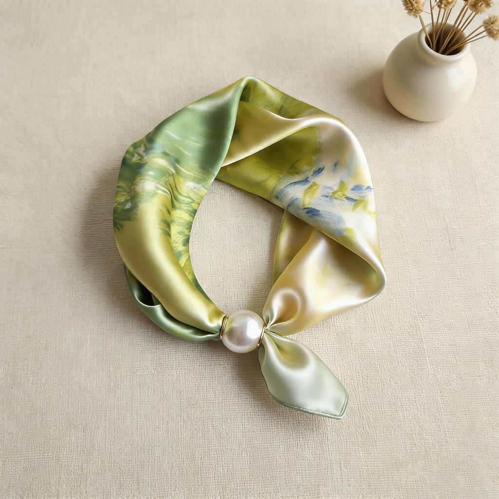 Scialle Semplice in Seta con Stampa Anacardi Piccola per Primavera ed Estate Collana Sottile di Perle Sciarpa Triangolare Magnetica Ciondolo Sciarpa in Seta Sciarpa con Ciondolo