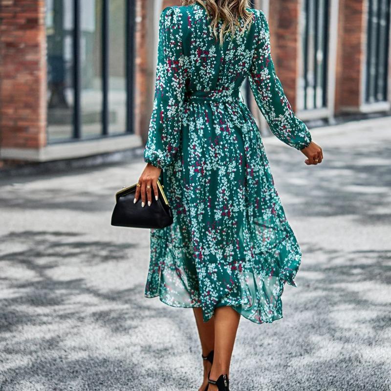 YYFS Women's Fashion Spring Fall Flower Pattern Print Long Sleeve V-Neck High Waist Casual Dresses