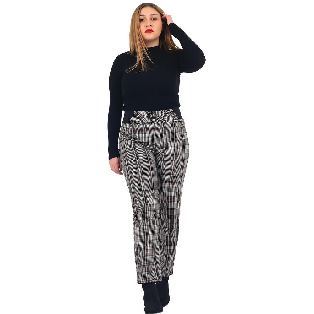 Fierte Pantalones de gran tamaño para mujer Nvr2142-10 Tela Cintura  elástica normal Bolsillo de pierna delgada Cuadrado Cierre de cremallera  con estampado 3 botones Azul marino Negro comprar a buen precio —