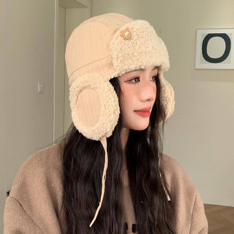 

Осенне-зимняя женская шапка M медведь из овечьей шерсти, зимняя теплая, для защиты от холода на улице, шапка-ушанка, толстая One Size