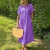 Striped Lapel Button Down Shirt Dress with Pockets Summer Casual Short Sleeve A-line Long