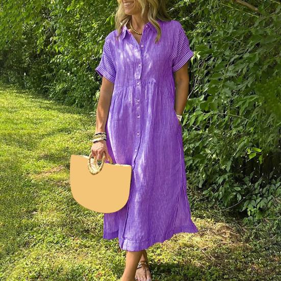 Striped Lapel Button Down Shirt Dress with Pockets Summer Casual Short Sleeve A-line Long
