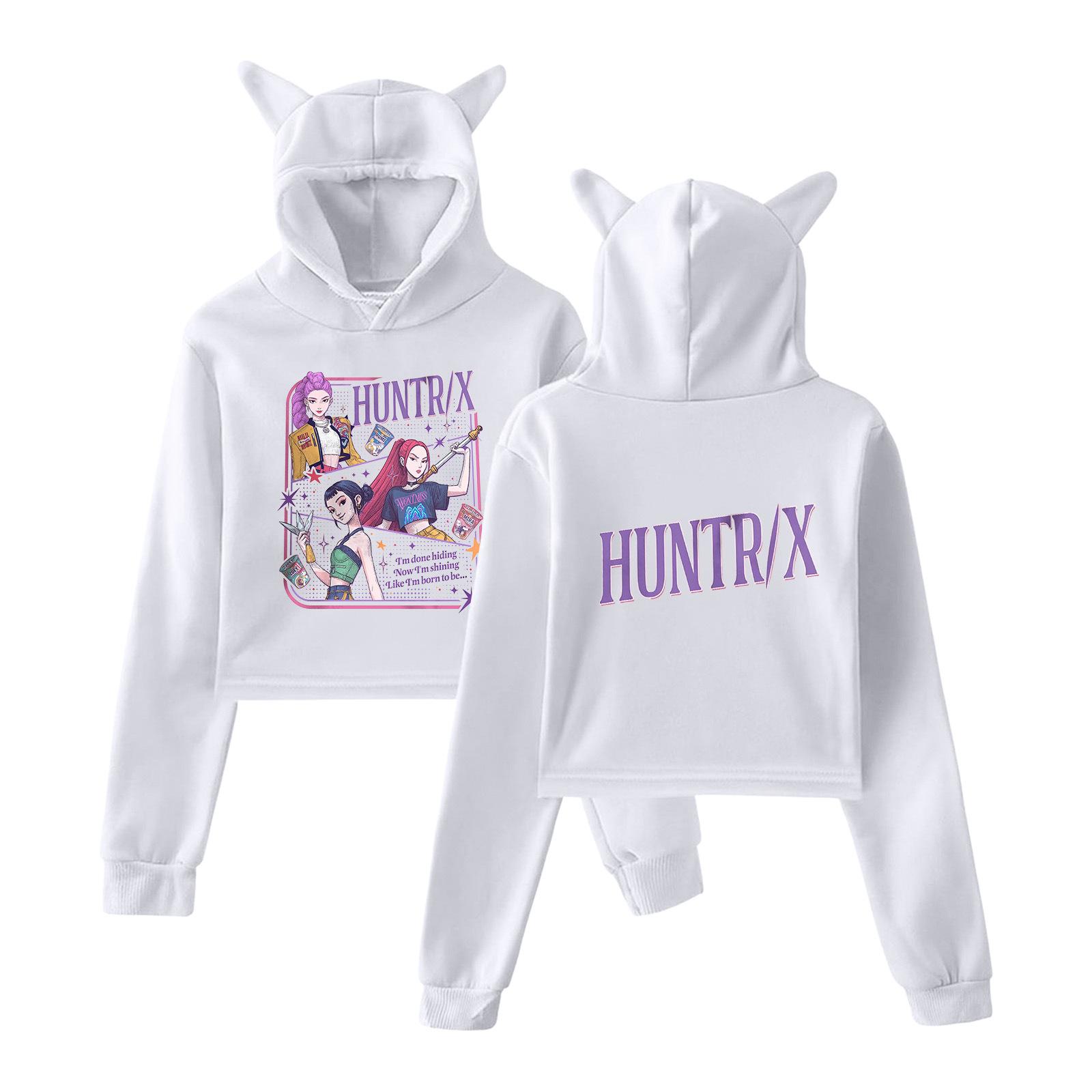 

K-pop Истребители демонов Мультяшный принт Мерч Толстовки Свитшот для девочек Укороченный пуловер с кошачьими ушками Повседневная одежда XXS белый