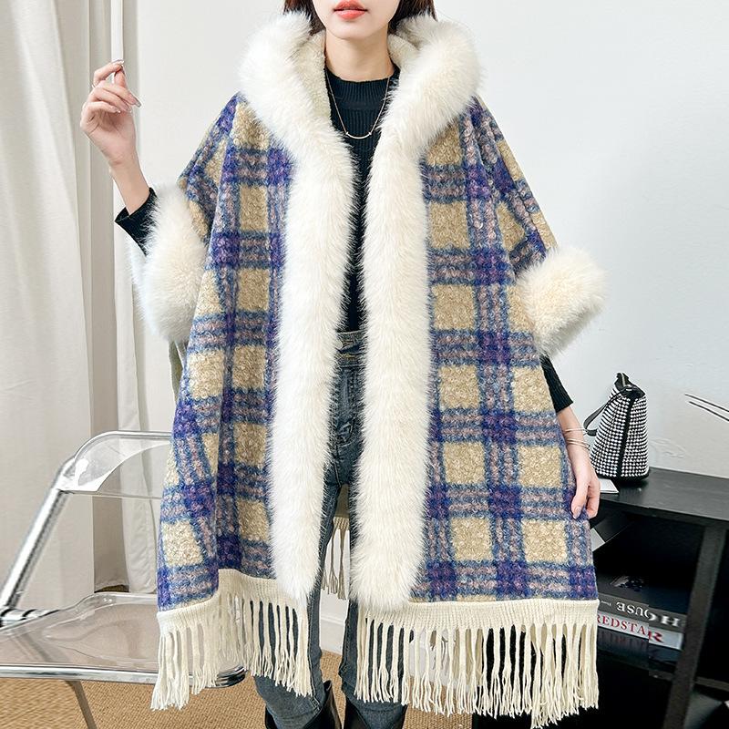 Cloak Shawl Wool Jacket Women'S Winter Hooded Medium Long Fleece Thickened Versatile Plaid Fringed Cloak Coat