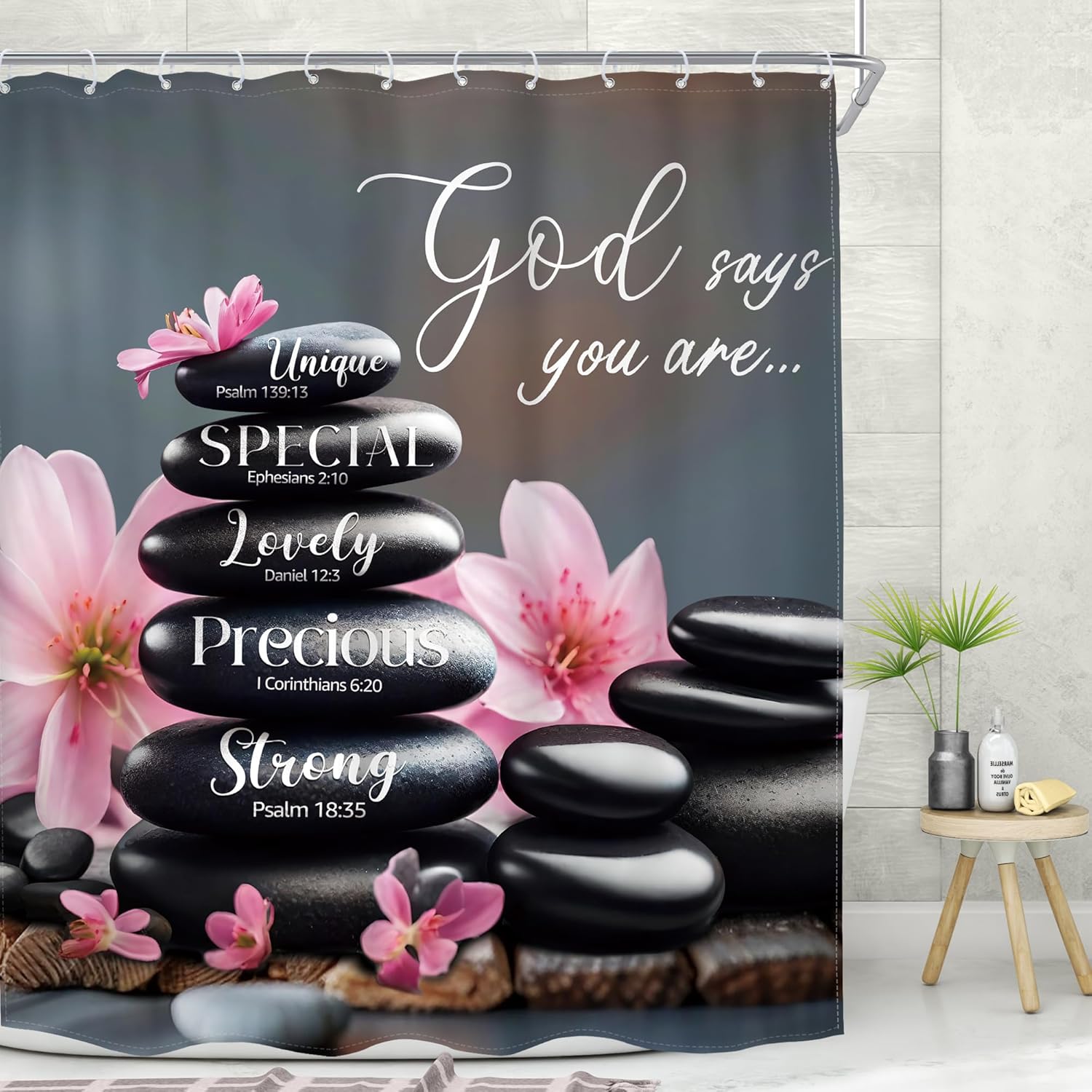 Pandara Jewelry Blue Zen Stone Teal Shower Curtain Bible Verse Spa Relaxing Meditation Massage Quotes Bathroom Curtain Inspirational Bath