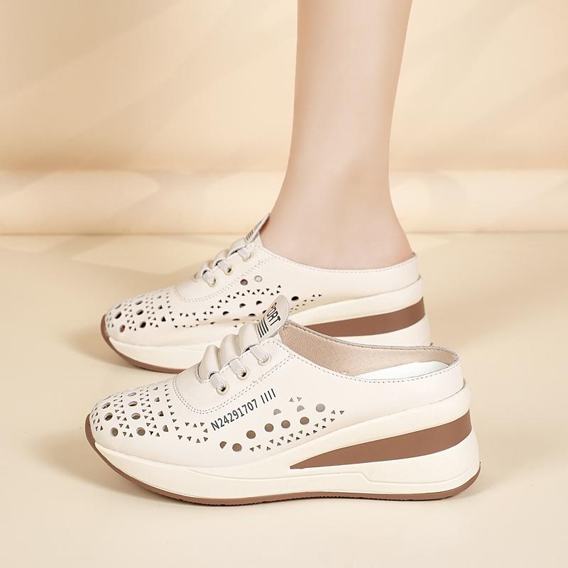 Ladies Clogs Platform Sandals Loafers Casual Hollow Leather Slippers Women Thick Sole Shake Shoe