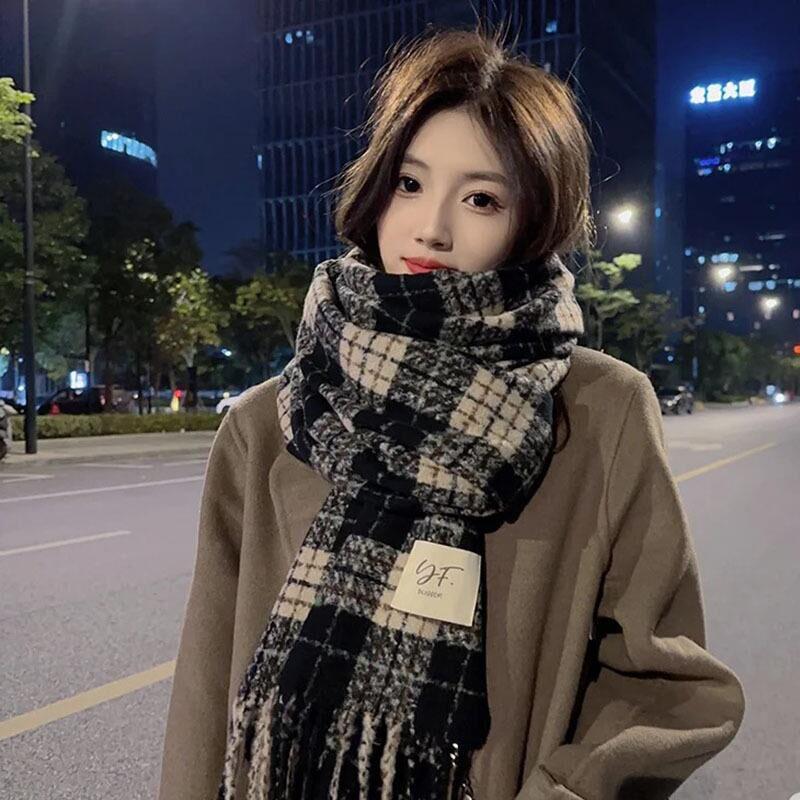 Korean Style Plaid Mohair Scarf - Women's Winter Imitation Cashmere Shawl