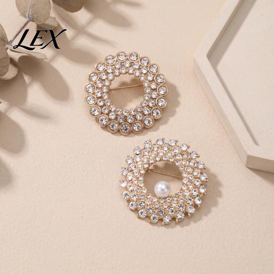 Circle Lapel Pin Hollow Rhinestone Ring Brooch Pin, Bling Daily Wear with Faux Pearl, Men Women Clothing Jewelry Accessories Alloy