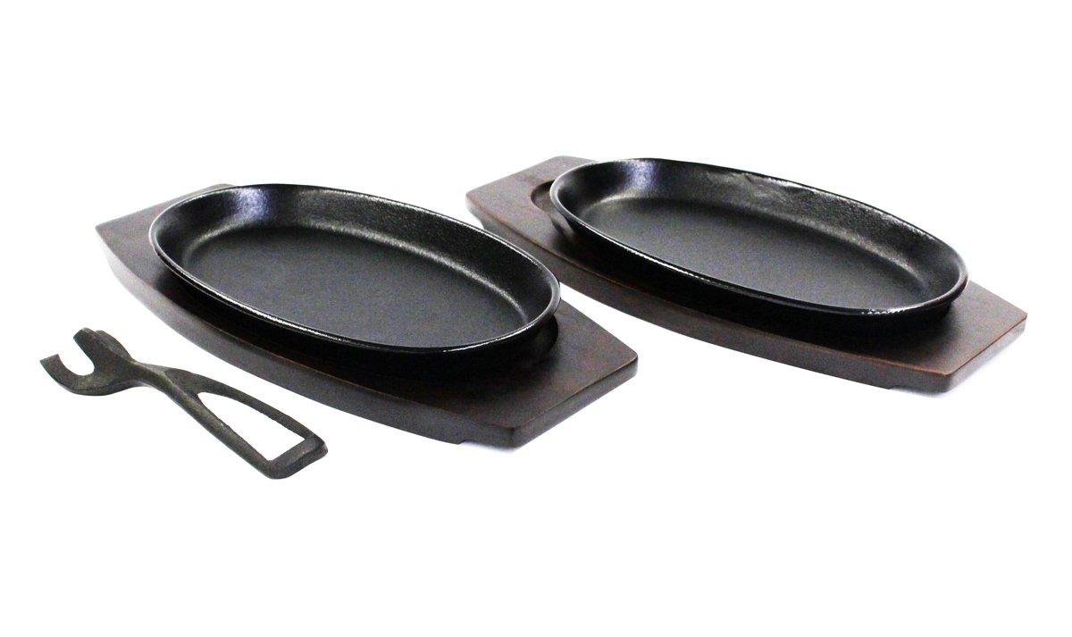 Asahi Steak Plate (IH Compatible) Size: 230 x 135 x 23 mm Cast Iron 2-Pack with Handle Steak Plate (with Wooden Frame) Commercial Use