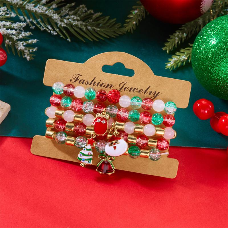 Christmas Multi-Layer Colorful Beaded Bracelet For Women Santa Claus Snowman Reindeer Snowflake Polymer Clay Bangle Jewelry