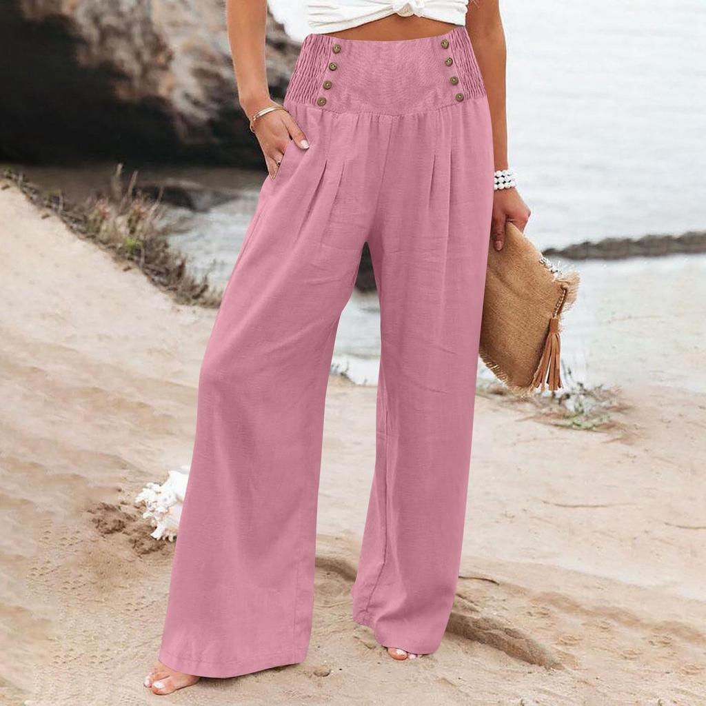 Women's Loose Cotton Linen High Waist Wide Leg Pants - Spring/Summer Casual Elastic Waist
