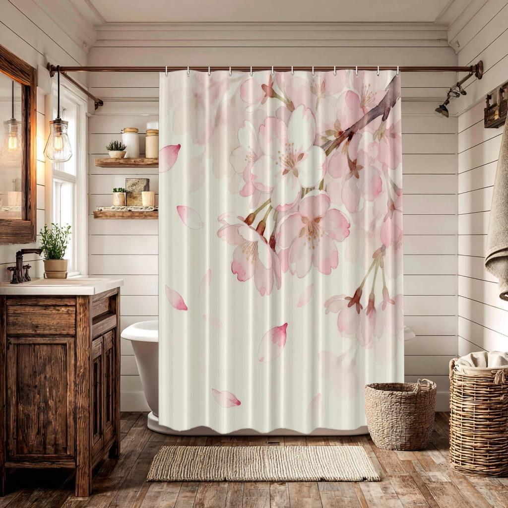 Watercolor Sakura Blossom Waterproof Polyester Shower Curtain 180x180cm - Spring Floral Print Bathroom Decor with Hooks