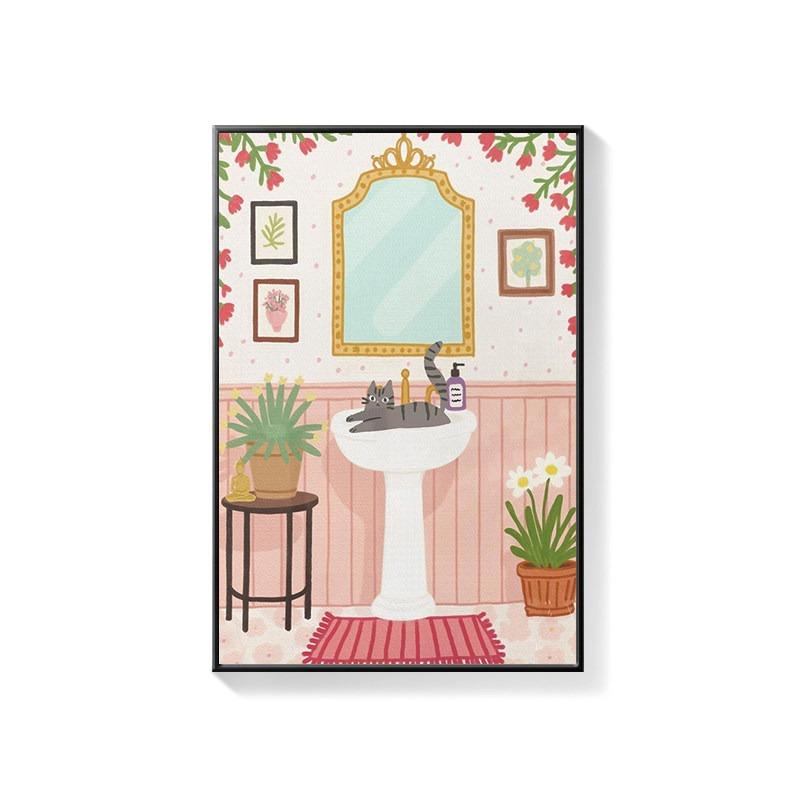 Bathroom Decorative Painting Cat American Retro Toilet Bathroom Canvas Painting Wall Art Poster for Modern Bathroom Home Decor