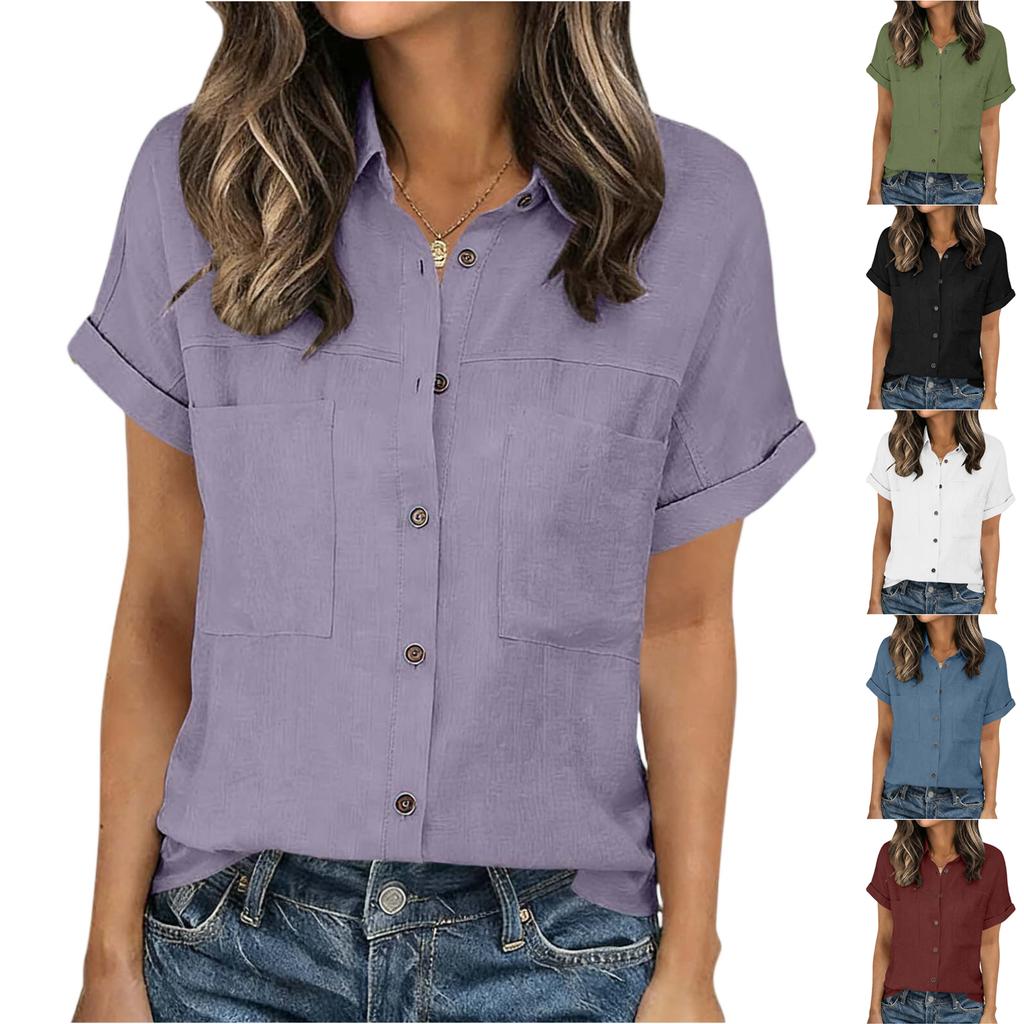 Modisches Damen-Hemd mit farbigem Kragen, kurzen Ärmeln, Knöpfen, Tasche, lässig und locker