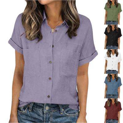 Women's Fashionable Color Collar Short Sleeve Button Pocket Casual Loose Shirt Top