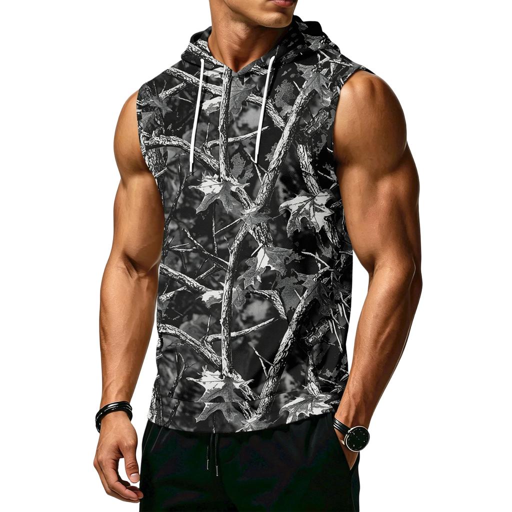 Men's Print Sleeveless Hoodie with Pockets and Drawstring - Casual Tank Top Vest for Outdoor Sports