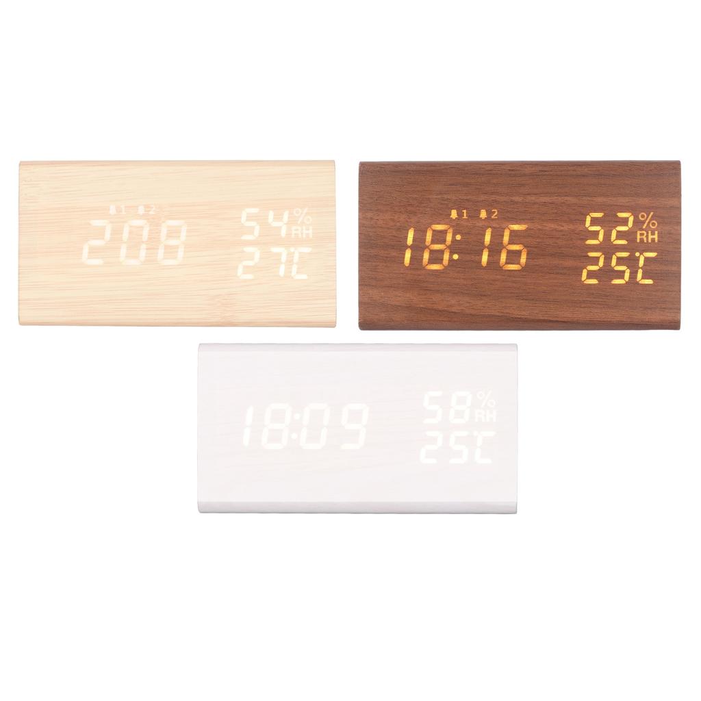 LED Digital Alarm Clock Multipurpose Wooden Clock with Voice Control Humidity Temperature Week Time 