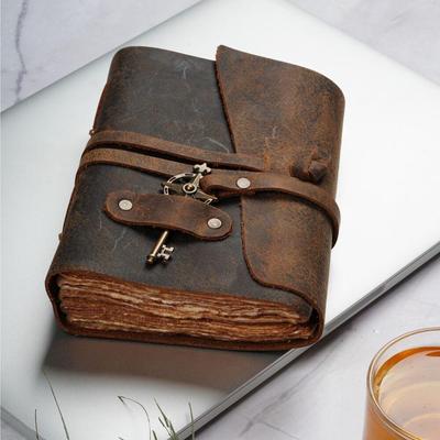 Handmade Vintage Leather Journal with Key & 200 Antique Cotton Watercolor Paper