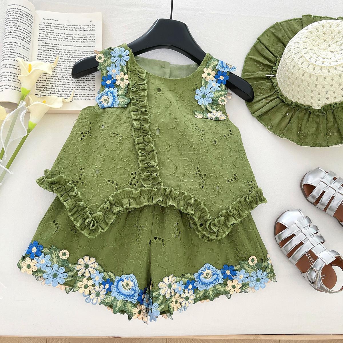 Girls Summer Floral Backless Sleeveless Top And Ruffle Bow Shorts Two Piece Outfit Set For Kids 90cm