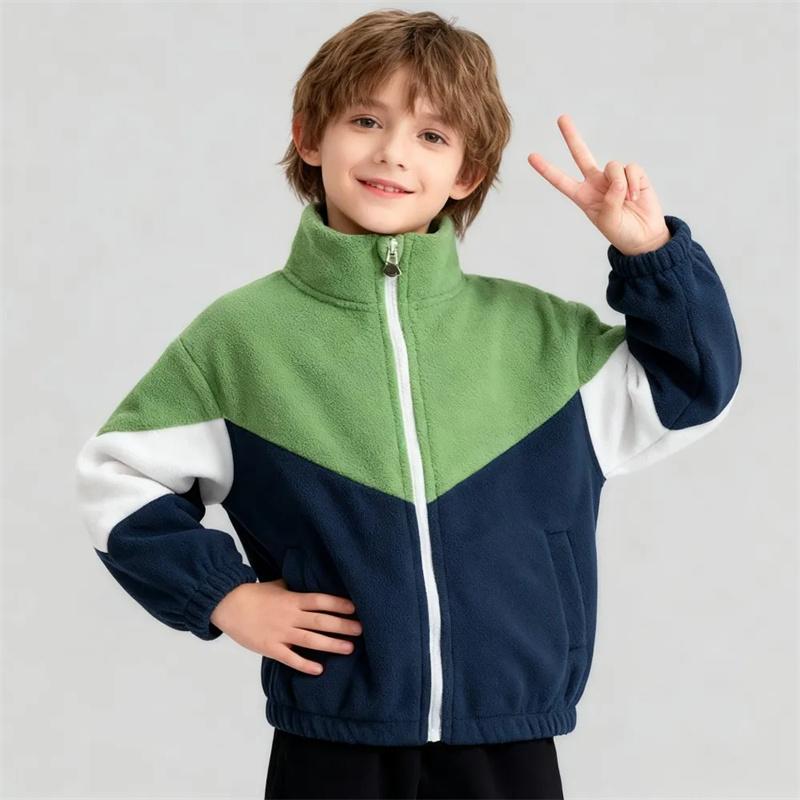 Autumn Winter Children's Coats New Contrasting Color Stand Up Collar Zipper With Pockets Fleece Casual Loose Jackets