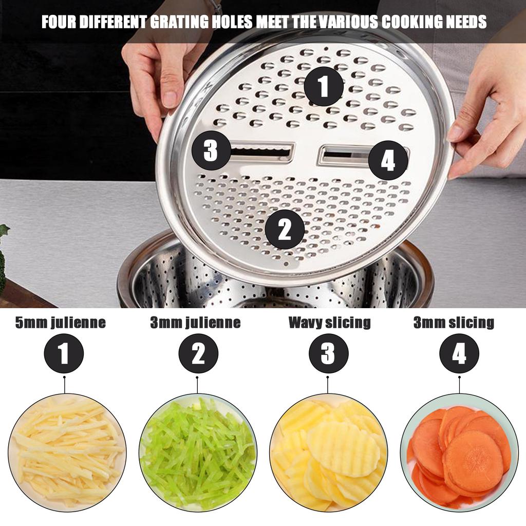 3 in 1 Kitchen Basin Grater, Colander Cutter   with Strainers 10.2 Inch Stainless Steel Mandoline Rice Washing Pasta Mixing Dough Knding Bowls