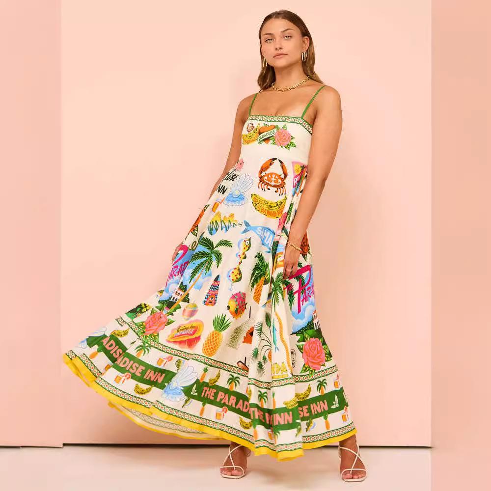 Summer new sexy suspender temperament printed high waist big pendulum dress women