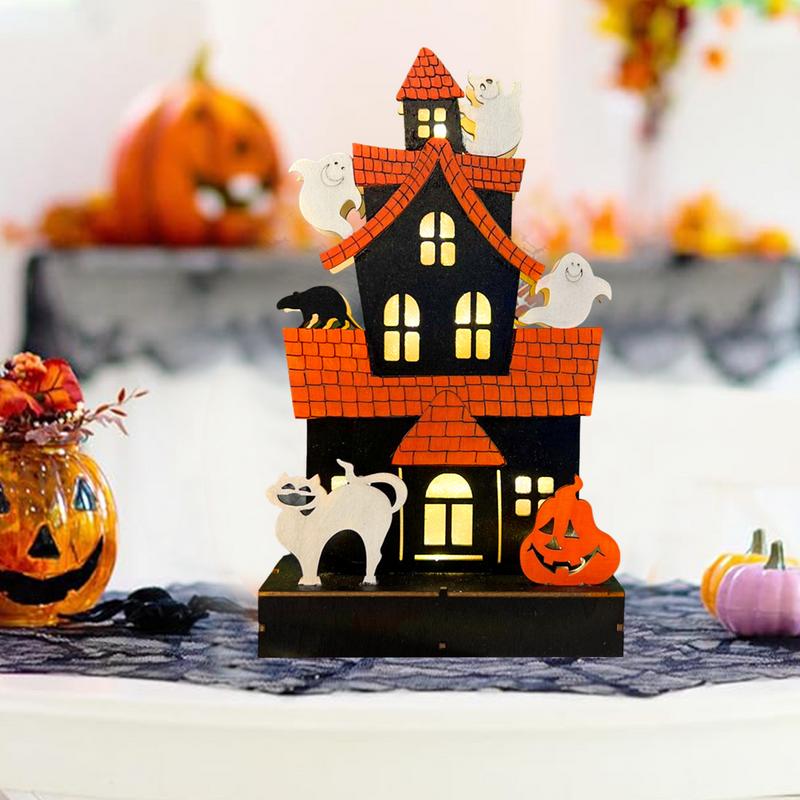 Light Up Haunted House Halloween Themed Table Topper Wooden Spooky Tabletop Light Battery Operated Ghost House Decoration