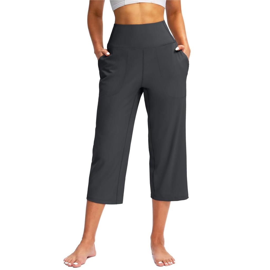 Summer Women Sports Yoga Pants Astic High Waist Casual Active Fit Wide Capris Leg Pants Yoga Leggings Soft Gym Knee Length with Pockets