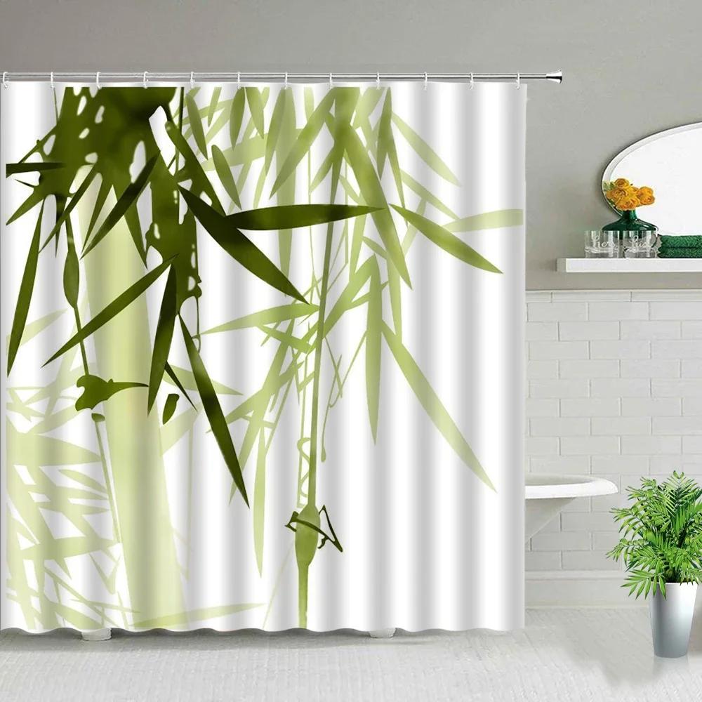 Chinese Style Green Bamboo Series Shower Curtain Set Waterproof Home Bathroom Decor Curtains With Hook Popular Bath Accessories