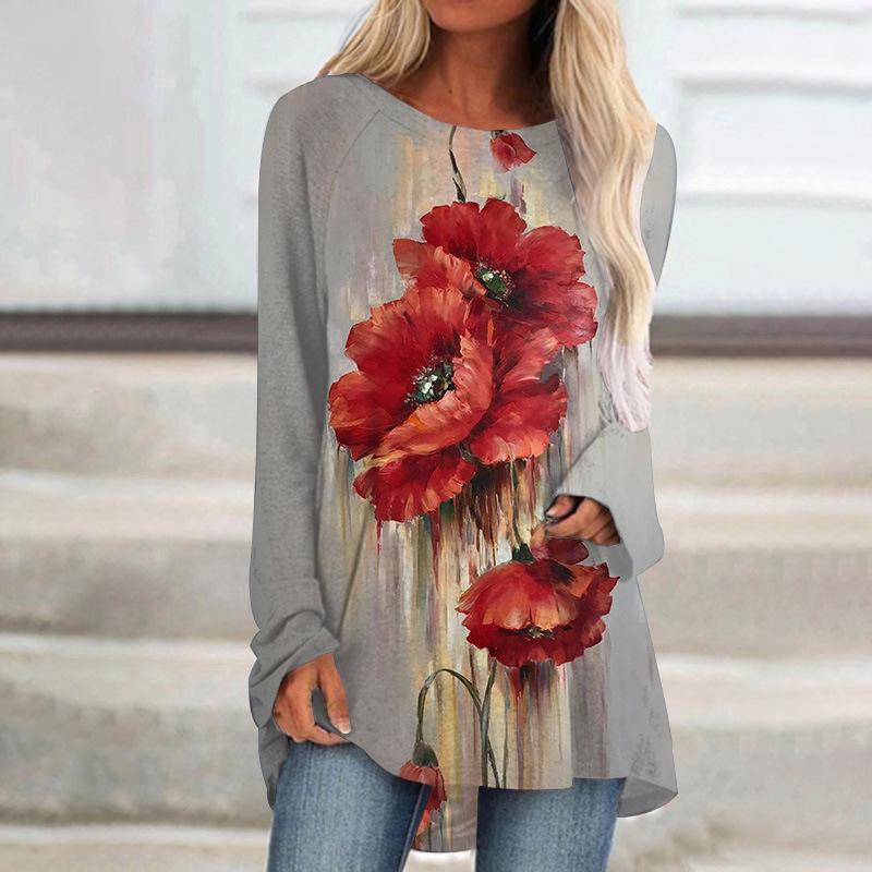 

Spring and Autumn Round Neck 3D Oil Painting Flowers Pattern Printed Top Fashionable Casual Long Sleeved Women s T-shirts S
