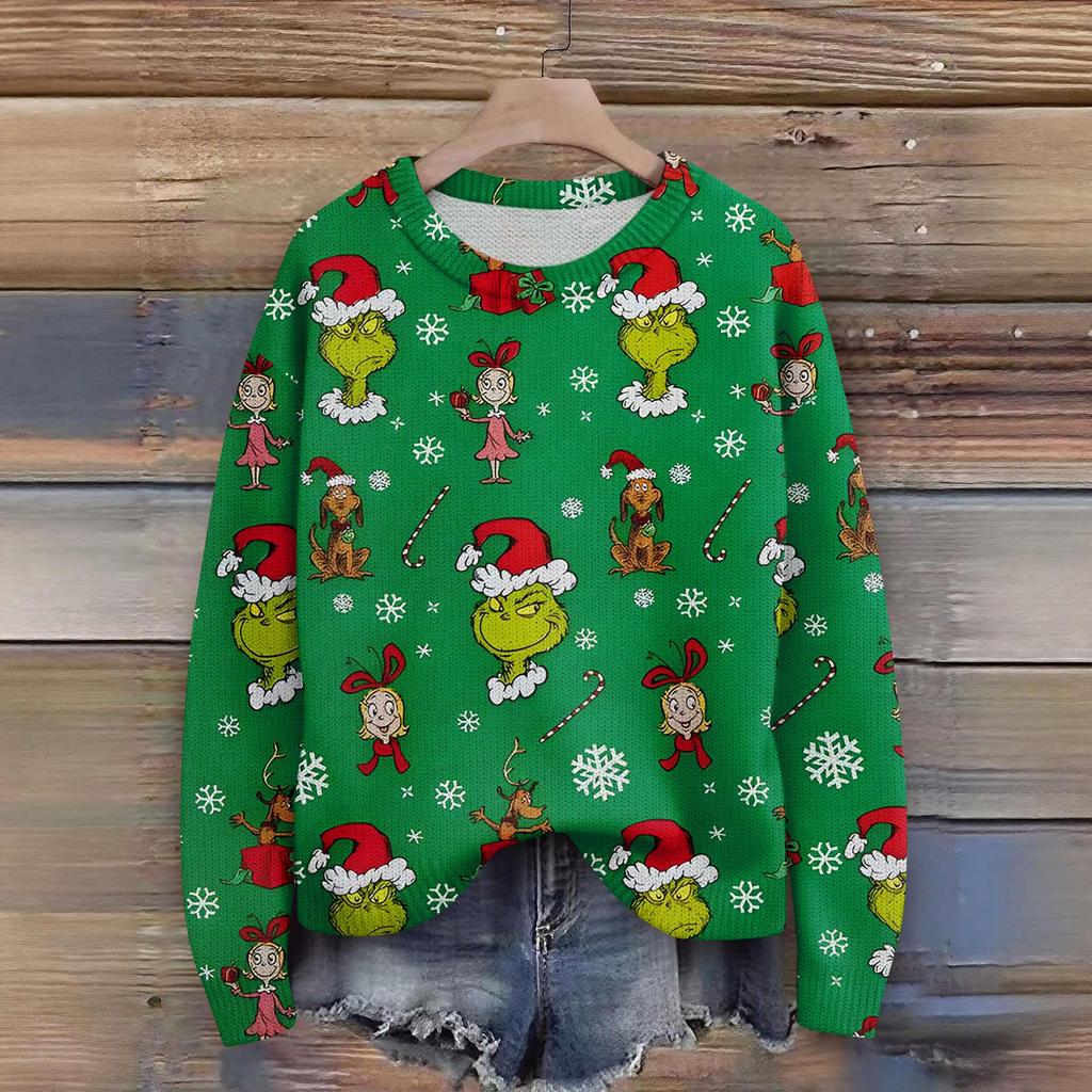 Long Sleeve Pullover Sweaters For Women O Neck Casual Cute Printing Knit Oversized Sweater