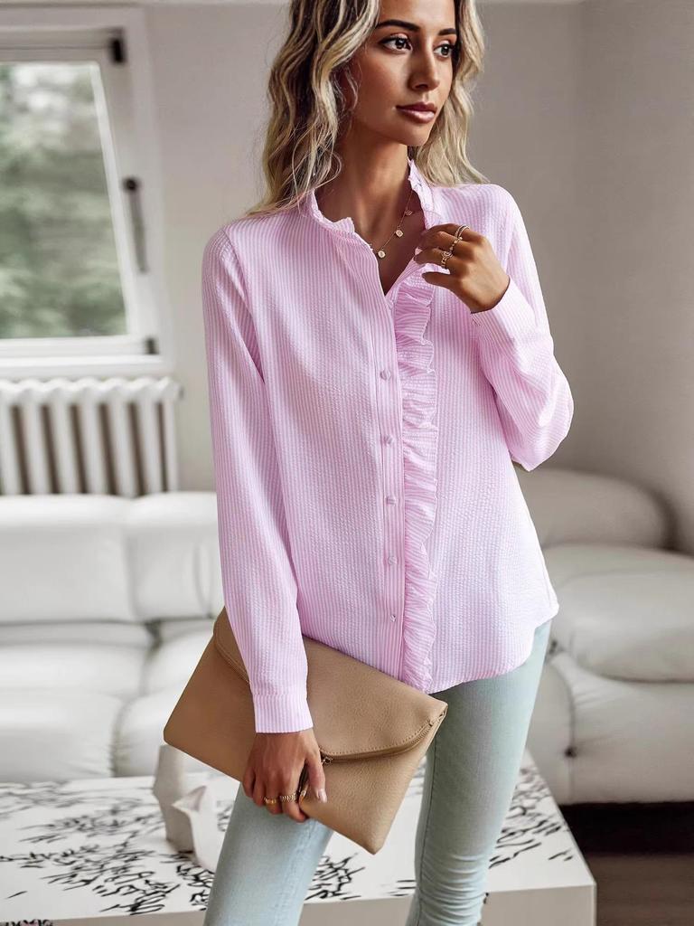 European & American Stand Collar Ruffle Edge Puff Sleeve Cardigan Top - Autumn 2025 Collection