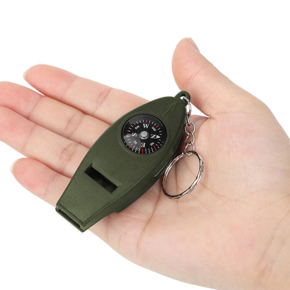 Multifunction 4 in 1 Safety Whistle Compass Thermometer Magnifier with Keychain Outdoor Travel Emergency Survival Kits