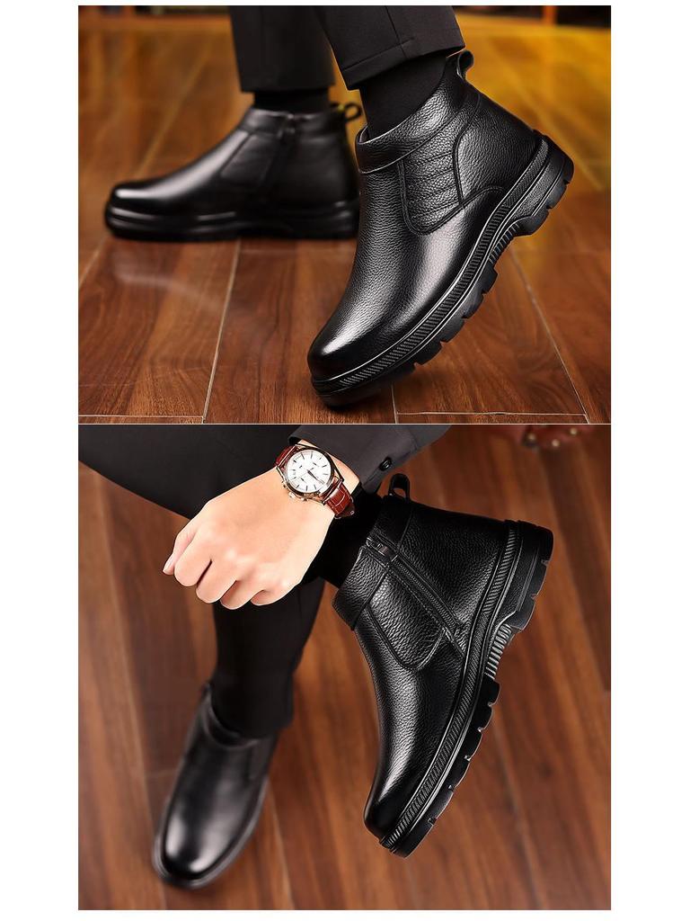 Pánské kožené boty s vysokým svrškem a vlněnou podšívkou - Zimní protiskluzové, hřejivé, zesílené pro seniory.