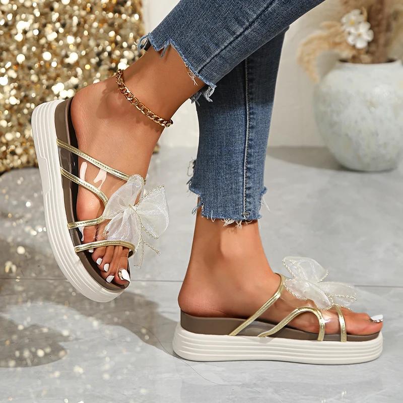 Fashion Fashion Tansparent Band Wedge Slippers Women Beach Bow Knot High Heel Sandal Female Outdoor Mixed Color Non Slip Slides Mujer
